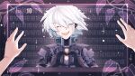  1boy 1other android bangs black_background buttons cheer_(cheerkitty14) closed_eyes commentary crying danganronpa_(series) danganronpa_v3:_killing_harmony facing_viewer gradient gradient_background grey_hair hair_between_eyes hands_up happy_tears heart heart_hands keebo male_focus open_mouth pov power_armor shiny shiny_hair short_hair smile solo_focus tears upper_body white_hair 