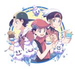  3boys backwards_hat baseball_cap beanie black_hair blue_eyes brendan_(pokemon) brown_hair closed_mouth ethan_(pokemon) evolutionary_line food grey_eyes hat holding holding_spoon ice_cream jacket lucas_(pokemon) male_focus multiple_boys open_mouth pokemon pokemon_(creature) pokemon_(game) pokemon_dppt pokemon_hgss pokemon_oras scarf short_hair short_sleeves smile spoon teeth tongue upper_teeth vanillish vanillite vanilluxe white_headwear xichii 