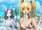  2girls :d absurdres bangs bikini black_sclera blonde_hair blue_sky blunt_bangs breasts colored_sclera colored_skin day earrings eyebrows_visible_through_hair grey_eyes grey_hair grey_skin hand_up heart heart-shaped_pupils highres horns index_finger_raised jewelry large_breasts looking_at_viewer medium_hair mole mole_on_breast multiple_girls okame_nin open_mouth original outdoors palm_tree pointy_ears sharp_teeth sky smile swimsuit symbol-shaped_pupils teeth tree twintails violet_eyes 