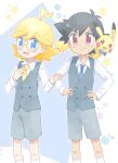 2boys :d ahoge akasaka_(qv92612) ash_ketchum bangs blonde_hair blue_bow blue_eyes blue_neckwear bow buttons clemont_(pokemon) collared_shirt commentary_request eyebrows_visible_through_hair glasses green_vest hands_on_hips hands_up highres kneehighs long_sleeves male_focus medium_hair multiple_boys open_mouth pokemon pokemon_(anime) pokemon_xy_(anime) shirt shorts smile tongue vest white_legwear white_shirt 
