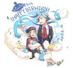  2boys altaria alternate_color beanie blue_eyes brendan_(pokemon) brown_hair collared_shirt commentary_request dated happy_birthday hat holding holding_pokemon jacket leaves_in_wind male_focus multiple_boys necktie open_mouth pokemon pokemon_(creature) pokemon_(game) pokemon_oras shiny_pokemon shirt shoes short_hair short_sleeves shorts smile steven_stone swablu teeth tongue upper_teeth vest white_footwear white_headwear white_shirt xichii 