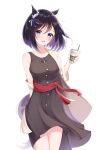  1girl :d alternate_costume animal_ears arm_behind_back bangs black_hair blue_eyes blush bob_cut breasts casual coffee_cup collarbone cowboy_shot cup disposable_cup dress drinking_straw ear_ornament ear_ribbon eishin_flash_(umamusume) eyebrows_visible_through_hair highres holding holding_cup horse_ears horse_girl jacket looking_at_viewer medium_breasts michizane_sgawl off_shoulder open_clothes open_jacket open_mouth round_teeth sash shiny shiny_hair short_hair simple_background sleeveless sleeveless_dress smile solo tail teeth thighs umamusume upper_teeth white_background 