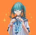  1girl aqua_eyes aqua_hair blush bracelet cherry cinderella eyebrows_visible_through_hair food fruit glasses glint hatsune_miku holding holding_shoes jewelry long_hair orange-framed_eyewear orange_background parted_lips school_uniform see-through serafuku shijohane shoes signature simple_background solo sparkle tearing_up twintails uniform vocaloid 