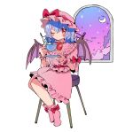  1girl absurdres bangs bat_wings belt blue_hair blue_sky blush boots bow chair closed_mouth crescent cup dress eyebrows_visible_through_hair eyes_visible_through_hair gem gradient gradient_sky hair_between_eyes hands_up hat hat_bow highres jewelry looking_at_viewer mob_cap one_eye_closed pink_belt pink_bow pink_dress pink_footwear pink_headwear pink_sky plate puffy_short_sleeves puffy_sleeves purple_sky red_eyes remilia_scarlet short_hair short_sleeves simple_background sitting sky solo spoon star_(sky) starry_sky tamagogayu1998 touhou white_background window wings wrist_cuffs 