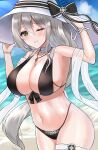  1girl absurdres aquila_(azur_lane) aquila_(sardegnian_shallows_and_sunshine)_(azur_lane) azur_lane beach bikini black_bikini black_bow bow breasts choker eyebrows_visible_through_hair green_eyes hair_between_eyes hat highleg highleg_bikini highres huge_breasts looking_at_viewer navel official_alternate_costume one_eye_closed outdoors satsuka_(258) solo sun_hat swimsuit white_choker white_headwear 