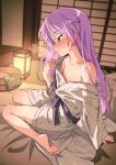  1girl bangs barefoot bath_yukata blush breasts eyebrows_visible_through_hair futon hair_down highres hiiragi_kagami hotaru_iori ichimi_renge indoors japanese_clothes kimono lantern long_hair long_sleeves lucky_star off_shoulder parted_lips purple_hair sitting sliding_doors small_breasts soles solo very_long_hair violet_eyes wet wide_sleeves yukata 