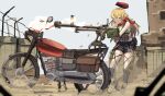  1girl absurdres ak-47_(girls&#039;_frontline) ammunition_box bare_shoulders beret black_shorts blonde_hair blue_eyes boots clenched_teeth commission firing gar32 girls_frontline ground_vehicle gun hat heavy_machine_gun highres long_hair machine_gun motor_vehicle motorcycle one_eye_closed outdoors red_bandana shell_casing shorts solo standing tank_top teeth weapon 