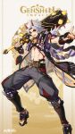  1boy abs arataki_itto black_nails english_commentary genshin_impact highres holding holding_weapon horns japanese_clothes long_hair male_focus multicolored_hair official_art open_mouth red_eyes redhead solo spikes weapon 