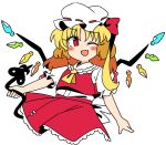  1girl ;d ascot bangs blonde_hair cropped_legs crystal eyebrows_visible_through_hair fang flandre_scarlet hat hat_ribbon holding ini_(inunabe00) laevatein_(touhou) looking_at_viewer medium_hair mob_cap one_eye_closed one_side_up open_mouth red_eyes red_ribbon red_skirt red_vest ribbon shirt short_sleeves simple_background skin_fang skirt smile solo touhou vest white_background white_headwear white_shirt wings yellow_neckwear 