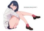  1girl black_hair blue_eyes blush chromatic_aberration copyright_name covering covering_crotch daofu1911 full_body glaring gridman_universe highres jacket knees_up legs loafers looking_at_viewer shoes simple_background sitting skirt socks solo ssss.gridman takarada_rikka thighs white_background white_jacket 