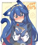  1girl animal_ears blue_eyes blue_hair blush cape cat_ears eromame fingerless_gloves fire_emblem fire_emblem_awakening gloves hair_between_eyes long_hair looking_at_viewer lucina_(fire_emblem) simple_background solo super_smash_bros. tiara 