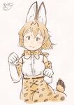  1girl :3 animal_ear_fluff animal_print bangs bare_shoulders beige_background blush blush_stickers bow bowtie bright_pupils brown_eyes chii-kun_(seedyoulater) clenched_hands closed_mouth cowboy_shot cropped_legs elbow_gloves extra_ears gloves hands_up head_tilt high-waist_skirt kemono_friends looking_at_viewer nose_blush orange_hair orange_skirt pale_color paw_pose print_bow print_gloves print_neckwear print_skirt serval_(kemono_friends) serval_print shirt short_hair signature simple_background skirt sleeveless sleeveless_shirt smile solo standing straight-on tail tareme two-tone_gloves white_gloves white_pupils white_shirt 