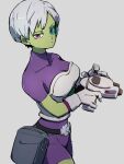  1girl bodysuit breasts cheelai closed_mouth colored_skin dragon_ball dragon_ball_super dragon_ball_super_broly gloves green_skin grey_background gun holding holding_gun holding_weapon kemachiku looking_at_viewer medium_breasts pink_eyes purple_bodysuit scouter short_hair simple_background solo weapon white_gloves white_hair 