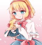  1girl alice_margatroid bangs blush closed_mouth doll hairband hands_up highres long_hair looking_at_another looking_down red_hairband shanghai_doll short_hair smile solo touhou yume_suzu_(yumeri) 