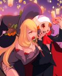  2girls beanie blonde_hair blue_eyes blue_hair breasts cellphone chorimokki cynthia_(pokemon) hikari_(pokemon) dress formal hair_ornament hair_over_one_eye hairclip halloween hat holding large_breasts long_hair multiple_girls open_mouth phone pokemon pokemon_(game) pokemon_dppt selfie smile suit very_long_hair 