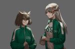  2girls arknights bangs brown_hair cheogtanbyeong commentary_request dragon_horns earclip eyebrows_visible_through_hair feather_hair glasses green_jacket grey_background highres horns jacket korean_commentary long_hair long_sleeves looking_at_another multiple_girls open_mouth orange_eyes saria_(arknights) shirt short_hair silence_(arknights) silver_hair squid_game sweatdrop track_jacket upper_body white_shirt 