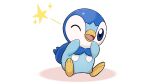  blue_eyes commentary_request full_body looking_at_viewer no_humans official_art one_eye_closed open_mouth piplup pokemon pokemon_(creature) project_pochama sitting solo sparkle star_(symbol) toes tongue white_background 