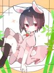  1girl animal_ears bamboo bangs black_footwear black_hair blush boots carrot_necklace closed_mouth commentary dress expressionless foot_out_of_frame inaba_tewi looking_at_viewer nacht_musik pink_dress puffy_short_sleeves puffy_sleeves rabbit_ears rabbit_tail red_eyes ribbon-trimmed_dress short_hair short_sleeves solo sparkle tail touhou 