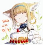  1girl ^_^ animal_ear_fluff animal_ears arknights bangs bare_shoulders blonde_hair blue_hairband braid cake closed_eyes closed_mouth commentary_request dated eyebrows_visible_through_hair facing_viewer food fox_ears fruit grey_background hair_rings hairband happy_birthday highres multicolored_hair shirt signature simple_background smile solo strawberry streaked_hair suzuran_(arknights) twin_braids upper_body white_hair white_shirt yukikochenk 