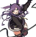  1girl absurdres animal_ears arknights black_bow black_jacket black_legwear blush bow breasts commentary cowboy_shot eyebrows_visible_through_hair hair_bow highres jacket leg_up long_hair looking_at_viewer medium_breasts open_mouth oripathy_lesion_(arknights) purple_hair rabbit_ears rope rope_(arknights) simple_background solo thigh-highs vegetable_osamuta white_background 