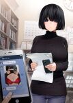  1girl absurdres bangs black_hair black_sweater blue_eyes blue_pants blunt_bangs blurry blurry_foreground blush bob_cut book bookshelf breasts cellphone_picture clock closed_mouth commentary denim desk dojirou highres holding holding_paper holding_phone indoors jeans large_breasts long_sleeves looking_at_viewer original pants paper phone short_hair standing sweater text_messaging translated turtleneck turtleneck_sweater 