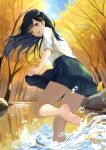  1girl :d artist_name autumn back bangs barefoot black_hair blue_skirt breasts brown_eyes dated day dress_shirt feet forest from_behind ginkgo_leaf highres leaf long_hair looking_at_viewer looking_back m.a.y. nature open_mouth original outdoors pleated_skirt pond school_uniform shirt signature skirt sleeves_folded_up smile soles solo splashing standing standing_on_one_leg tree wading water water_drop white_shirt 