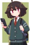  1girl ahoge backpack bag bangs black_hair black_skirt blush cardigan cellphone closed_mouth collared_shirt commentary_request diagonal-striped_neckwear diagonal_stripes eyebrows_visible_through_hair green_background hair_between_eyes highres holding holding_phone looking_at_viewer mole mole_under_eye naga_u naga_u-chan necktie original phone pleated_skirt red_neckwear school_uniform shirt short_eyebrows skirt solo striped striped_neckwear thick_eyebrows two-tone_background violet_eyes white_background white_shirt 