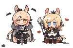  2girls :3 alternate_costume animal_ears arknights armor ascot aunt_and_niece bat black_bow black_cape black_cloak black_legwear blemishine_(arknights) blonde_hair blue_eyes bow cape cloak commentary_request extra_ears eyebrows_visible_through_hair fur-trimmed_cloak fur_trim hair_bow hair_ornament hairclip holding holding_staff holding_weapon holding_whip horse_ears horse_girl horse_tail kyou_039 long_hair looking_at_viewer multiple_girls plaid plaid_skirt planted planted_sword pleated_skirt simple_background skirt staff straight-on sword tail thick_eyebrows weapon whip whislash_(arknights) white_background white_neckwear white_skirt yellow_eyes 