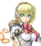  1girl aegis_(persona) amania_orz android blonde_hair blue_eyes bow breasts firing hairband joints looking_at_viewer open_mouth persona persona_3 robot_joints short_hair simple_background solo white_background 