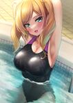  1girl :d absurdres anemone_noa armpits arms_up bangs black_swimsuit blonde_hair blush breasts commentary_request eyebrows_visible_through_hair fang green_eyes hair_tie highres large_breasts long_hair looking_at_viewer mole mole_on_breast mole_under_eye one-piece_swimsuit open_mouth original partially_submerged pool sitting skin_fang smile solo swimsuit twintails water wet wet_clothes wet_swimsuit 