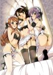  3girls alternate_costume apron asahina_mikuru ass bangs bed black_bra black_footwear black_legwear black_panties blush bra breasts brown_eyes brown_hair garter_straps high_heels highres hotaru_iori ichimi_renge indoors kneeling large_breasts long_hair looking_at_viewer maid_headdress medium_breasts multiple_girls nagato_yuki nose_blush on_bed one_eye_closed open_mouth panties purple_hair short_hair suzumiya_haruhi suzumiya_haruhi_no_yuuutsu underwear waist_apron white_apron white_bra white_legwear window yellow_eyes 