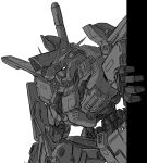  absurdres from_side greyscale gundam gundam_zz highres jtleeklm leaning_forward looking_ahead mecha monochrome no_humans piston science_fiction solo v-fin zz_gundam 