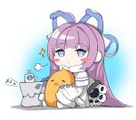  1girl absurdres ahoge animal azur_lane bangs bird blue_eyes chibi chick closed_mouth cup dress eyebrows_visible_through_hair fur-trimmed_dress fur_trim highres long_hair long_sleeves manjuu_(azur_lane) moyoron mug no_shoes pantyhose purple_hair sitting sleeping sleeves_past_fingers sleeves_past_wrists solo sparkle tashkent_(azur_lane) very_long_hair white_dress white_legwear zzz 