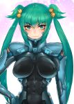  1girl abs absurdres bangs bell breasts covered_navel covered_nipples cui_yifei eyebrows_visible_through_hair fortified_suit green_eyes green_hair hair_bell hair_ornament hand_on_hip highres long_hair medium_breasts muvluv muvluv_alternative muvluv_total_eclipse nanabankarasu pilot_suit science_fiction skin_tight smile solo twintails upper_body v-shaped_eyebrows very_long_hair 