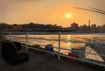  boat building cabinet chair daofu1911 dock evening gas_can highres location_request no_humans orange_sky original outdoors railing scenery shore sidewalk sky skyline sunset tower tree water watercraft 