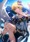  1boy absurdres belt blonde_hair choker crossed_legs crown earrings feathered_wings feathers feet_out_of_frame highres ikurikaito jacket jewelry male_focus mini_crown multicolored_hair original ring shirt shorts smile solo streaked_hair white_shirt wings wristband yellow_eyes 