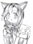  1girl :o animal_ears blush braid fingernails fox_ears greyscale hair_over_shoulder highres holding holding_sign hololive looking_at_viewer monochrome nanashi_(nlo) omaru_polka sign simple_background solo upper_body white_background 