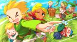  aryll blikeeeey blonde_hair brother_and_sister closed_eyes dark-skinned_female dark_skin grass korok link medli open_mouth pointy_ears rito scarf siblings smile tetra the_legend_of_zelda the_legend_of_zelda:_the_wind_waker toon_link wind 