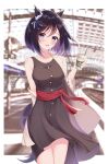  1girl :d alternate_costume animal_ears arm_behind_back bangs black_hair blue_eyes blurry blurry_background blush bob_cut border breasts casual coffee_cup collarbone commentary_request cowboy_shot cup disposable_cup dress drinking_straw ear_ornament ear_ribbon eishin_flash_(umamusume) eyebrows_visible_through_hair highres holding holding_cup horse_ears horse_girl jacket looking_at_viewer medium_breasts michizane_sgawl off_shoulder open_clothes open_jacket open_mouth outside_border round_teeth sash shiny shiny_hair short_hair sleeveless sleeveless_dress smile solo tail teeth thighs train_station umamusume upper_teeth white_border 
