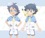  2boys :d akasaka_(qv92612) ascot ash_ketchum bangs black_hair blue_eyes collared_shirt commentary_request dark-skinned_male dark_skin eyebrows_visible_through_hair eyelashes goh_(pokemon) hands_on_hips male_focus multiple_boys notice_lines open_mouth outline parted_lips pikachu pokemon pokemon_(anime) pokemon_(creature) pokemon_swsh_(anime) shirt short_hair short_sleeves shorts smile tongue white_shorts yellow_neckwear 