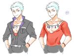  1boy 5_(1boshi) bead_bracelet bead_necklace beads blue_hair bracelet collarbone hands_in_pockets idolmaster idolmaster_side-m jewelry jumpsuit kuzunoha_amehiko long_sleeves male_focus necklace pectoral_cleavage pectorals popped_collar red_shirt shirt simple_background smile solo v-neck white_background 
