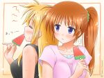  ... 2girls blonde_hair blush breasts brown_hair casual closed_eyes collarbone couple fate_testarossa food hot licking long_hair looking_at_another lyrical_nanoha mahou_shoujo_lyrical_nanoha_vivid multiple_girls popsicle shinozuki_takumi side_ponytail simple_background sweat takamachi_nanoha translation_request very_long_hair violet_eyes yellow_background yuri 