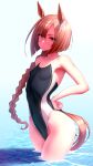  1girl actinium89 animal_ears black_swimsuit braid breasts brown_hair commentary_request competition_swimsuit glasses highleg highleg_swimsuit highres horse_ears horse_girl horse_tail ikuno_dictus_(umamusume) long_hair one-piece_swimsuit simple_background single_braid small_breasts soaking_feet solo standing swimsuit tail twintails umamusume water white_background 