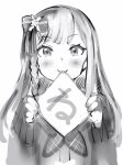  1girl :3 bow copyright_request fingerless_gloves fingernails gloves greyscale hair_bow highres holding holding_sign jacket long_hair long_sleeves looking_at_viewer monochrome nanashi_(nlo) neckerchief sign simple_background sleeves_past_wrists smile solo white_background 