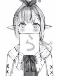 1girl blush bow bowtie greyscale hands_up highres holding holding_sign hololive long_hair long_sleeves looking_at_viewer monochrome nanashi_(nlo) pointy_ears shiranui_flare sign simple_background solo upper_body virtual_youtuber white_background 