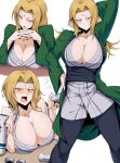  1girl angry arm_behind_head black_pants blonde_hair blush breast_rest breasts choko_(cup) cleavage cup curvy desk drunk forehead_jewel green_jacket jacket japanese_clothes kimono large_breasts long_hair multiple_views naruto naruto_(series) pants red_nails sake shimure_(460) simple_background table tsunade white_background 