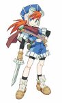  1boy bike_shorts blue_eyes cape closed_mouth gloves goggles grandia grandia_i hat justin_(grandia) layered_sleeves long_hair looking_at_viewer nemurism redhead simple_background smile solo white_background 