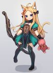  1girl abigail_williams_(fate) animal_ears atalanta_(fate) atalanta_(fate)_(cosplay) bangs black_gloves black_legwear black_skirt blonde_hair blue_eyes blush bow_(weapon) breasts cat_ears cat_tail cosplay dress fate/apocrypha fate/grand_order fate_(series) forehead full_body gloves green_dress highres layered_skirt long_hair looking_at_viewer miya_(miyaruta) parted_bangs puffy_short_sleeves puffy_sleeves short_sleeves skirt small_breasts stuffed_animal stuffed_toy tail teddy_bear weapon 