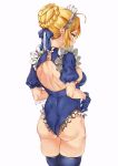  1girl ahoge artoria_pendragon_(fate) ass blonde_hair blue_gloves blue_legwear blue_leotard blue_ribbon braid breasts commentary_request facing_away fate/grand_order fate_(series) french_braid from_behind gloves grayfox hair_ribbon highres impossible_clothes legs_together leotard maid_headdress medium_breasts nape puffy_short_sleeves puffy_sleeves ribbon short_sleeves sidelocks simple_background skindentation solo standing white_background 