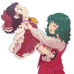  2girls ascot black_hair bow carrying closed_eyes detached_sleeves dress green_hair hair_bow hakurei_reimu japanese_clothes kazami_yuuka kinosaki long_sleeves mary_janes miko multiple_girls open_mouth pleated_dress shoes short_hair simple_background smile touhou white_background younger 